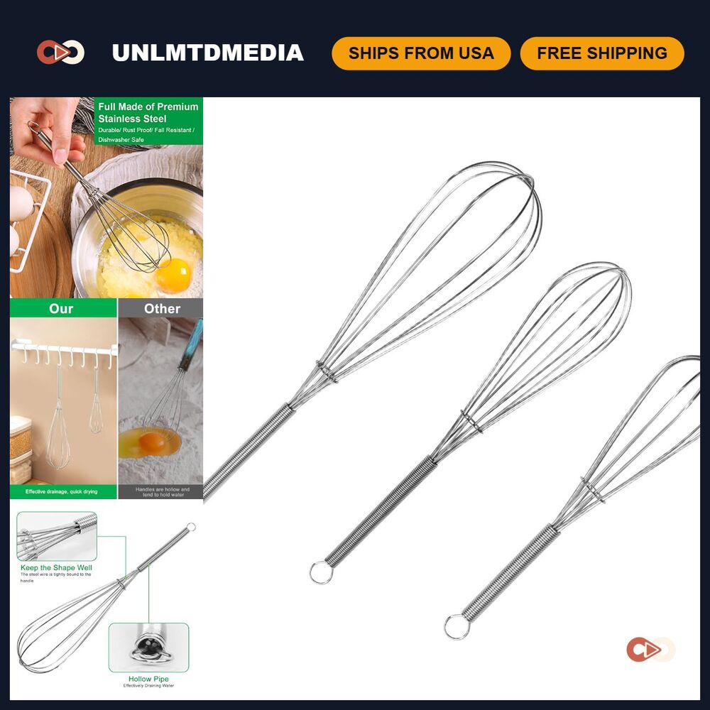 Stainless Steel Whisk Set - 8", 10", 12" Thin Handle Balloon Whisks for Baking,